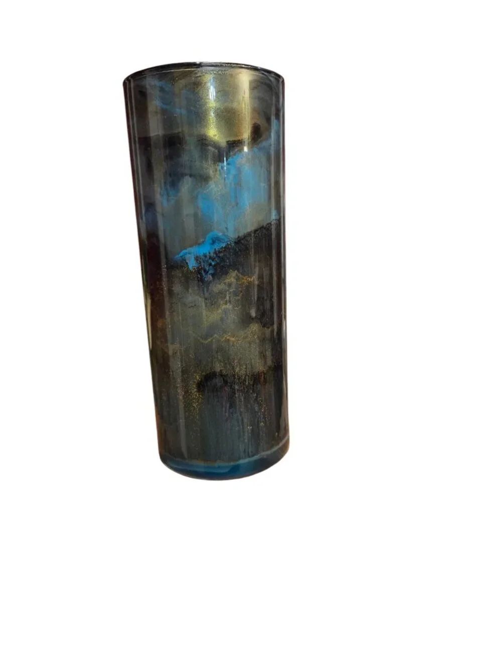 Handpainted OOAK Acrylic Pour Cylinder Vase, Teal Blue Black Gold, Unique Art